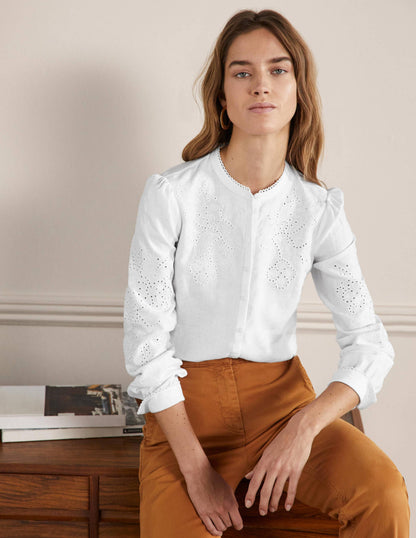 Cut Work High Neck Shirt-White-1