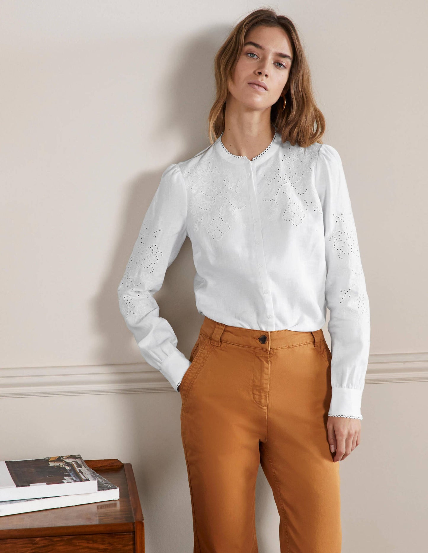 Cut Work High Neck Shirt-White