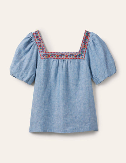 Square Neck Linen Top-Chambray-4