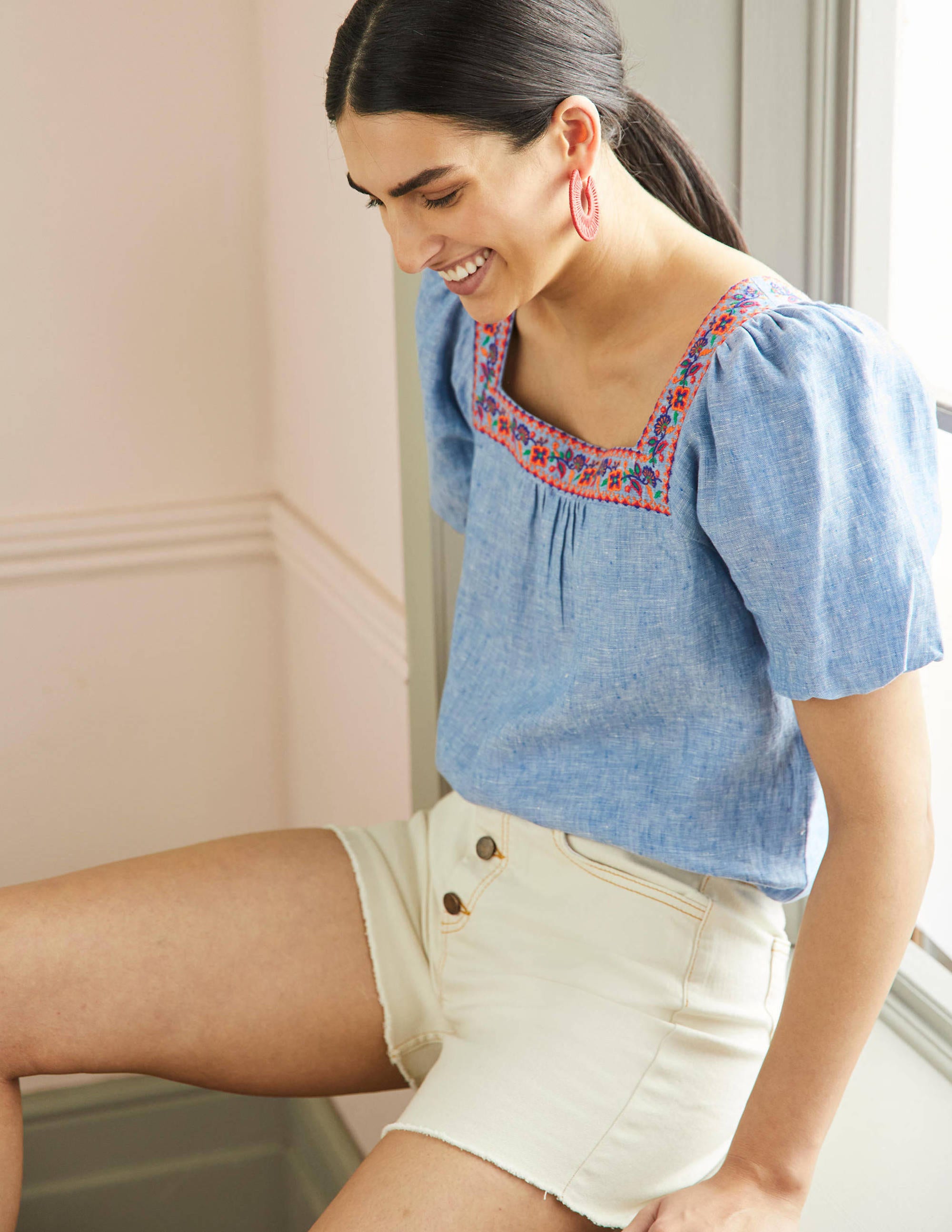 Square Neck Linen Top-Chambray - Image 1