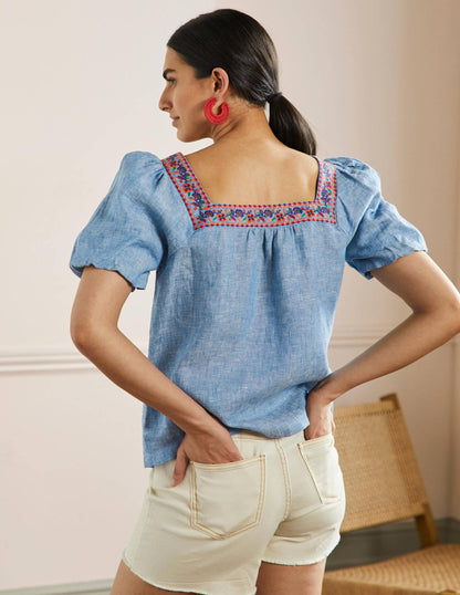 Square Neck Linen Top-Chambray-3