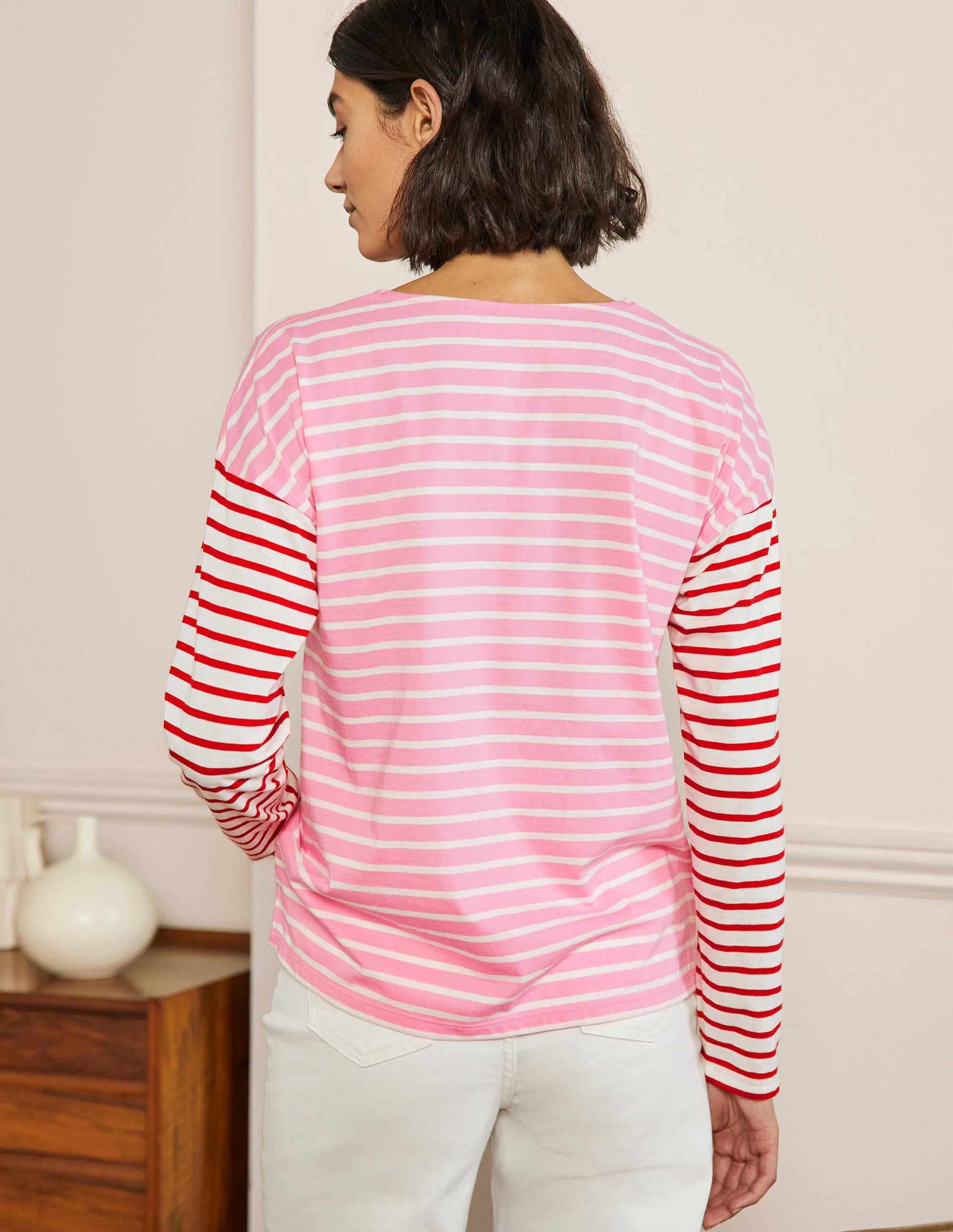 Dropped Shoulder Breton Top-Sachet Pink / Ivory Stripe - Image 3