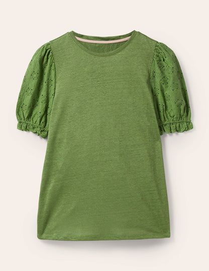 Broderie Sleeve Linen T-Shirt-English Ivy-5
