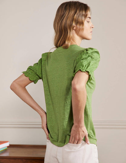 Broderie Sleeve Linen T-Shirt-English Ivy-3