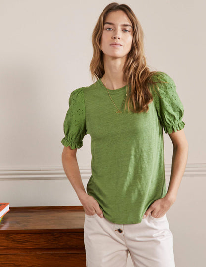 Broderie Sleeve Linen T-Shirt-English Ivy-4