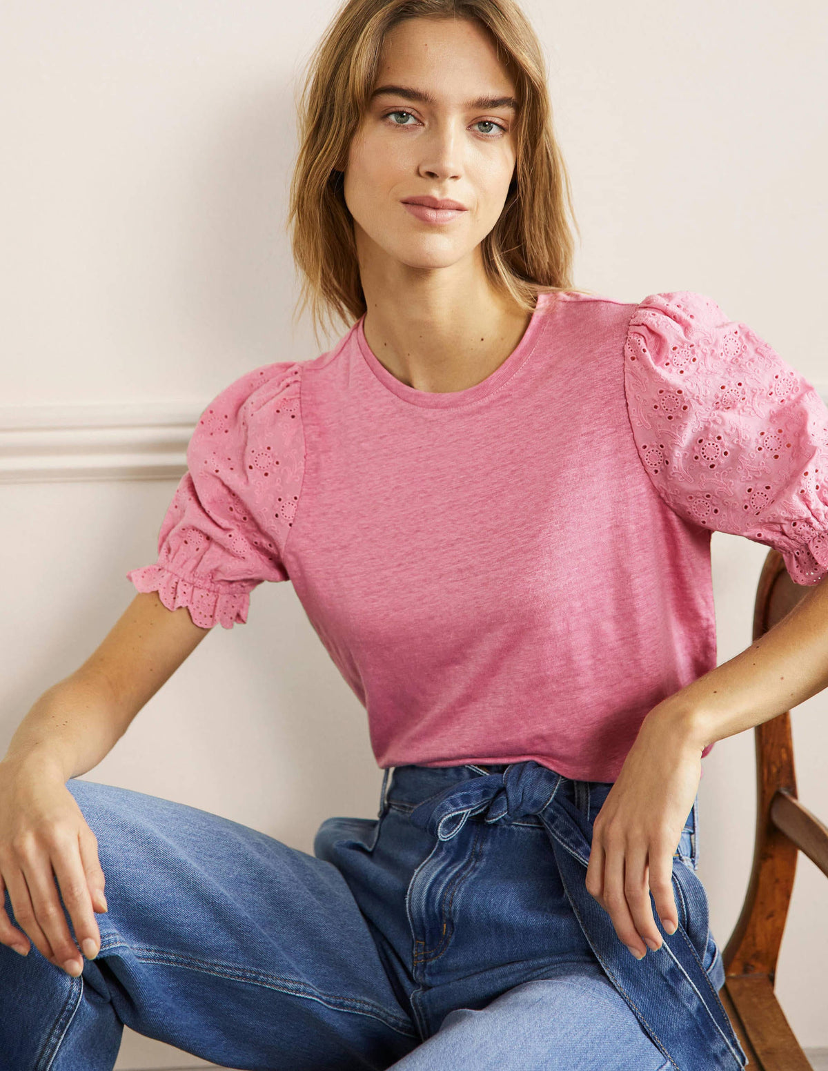 Broderie Sleeve Linen T-Shirt-Posy Pink - Image 1