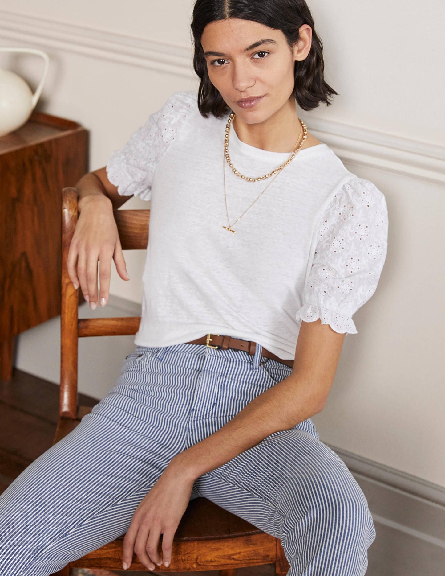 Broderie Sleeve Linen T-Shirt-White