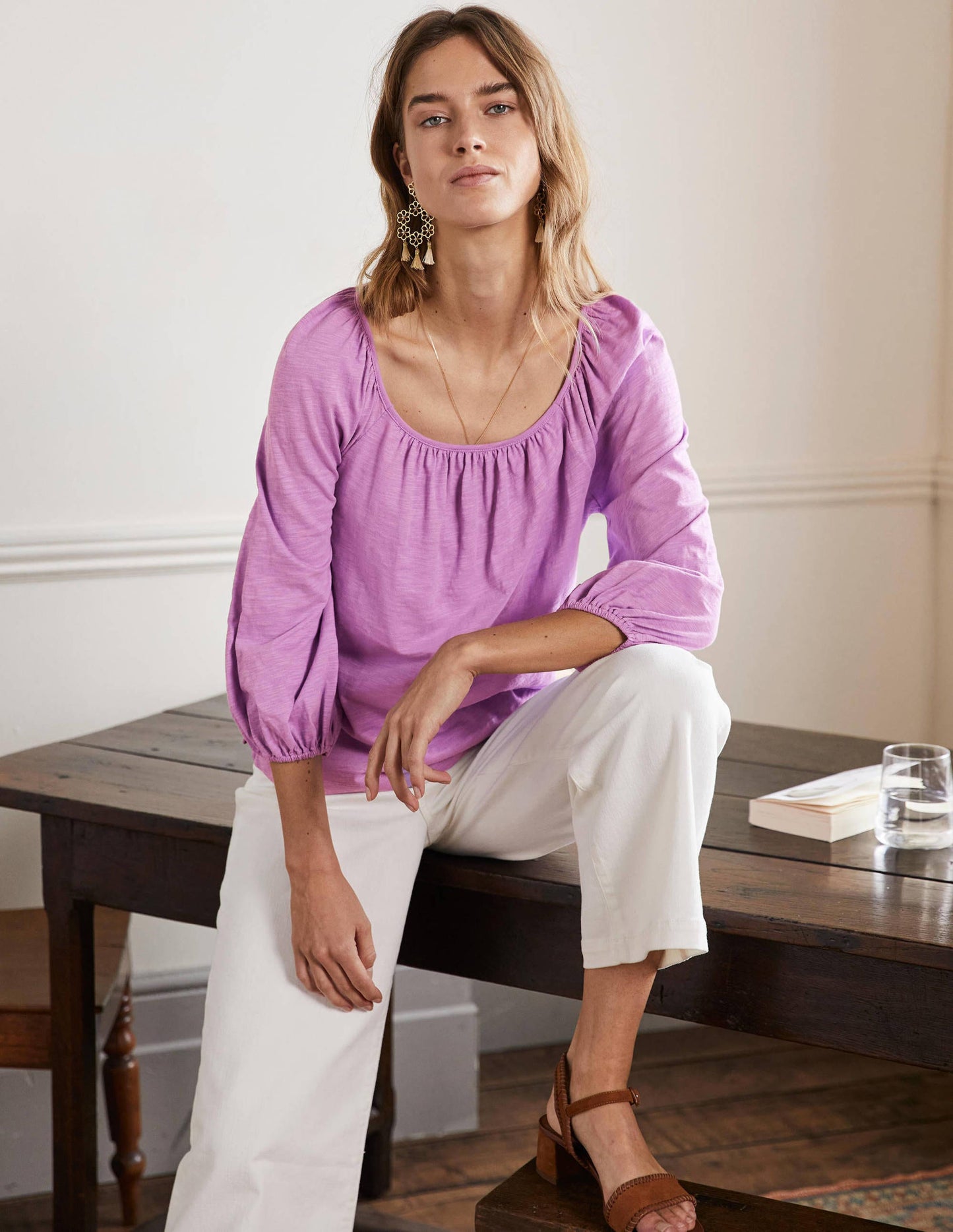 Blouson Sleeve Cotton Top-African Violet