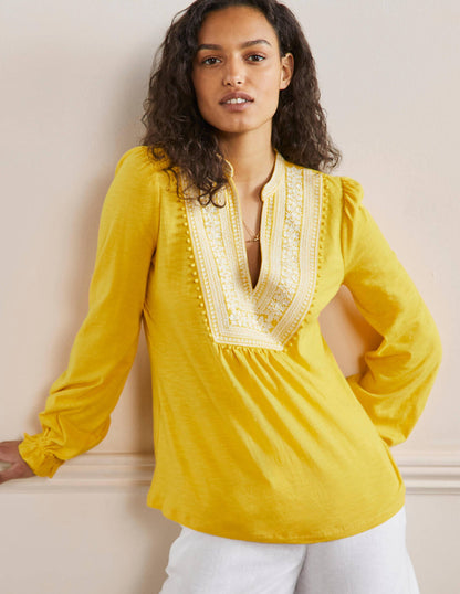 Embroidered Notch Neck Top-Lemon Fizz, Embroidered-1