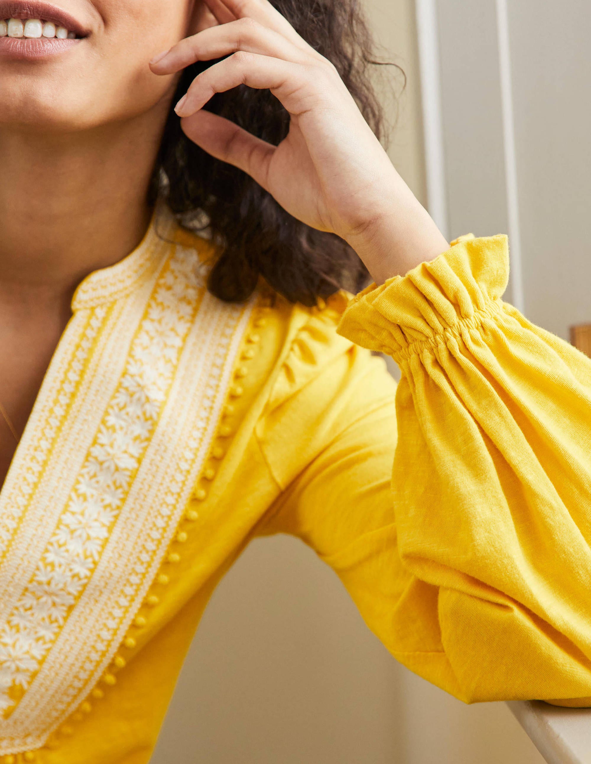 Embroidered Notch Neck Top-Lemon Fizz, Embroidered - Image 2