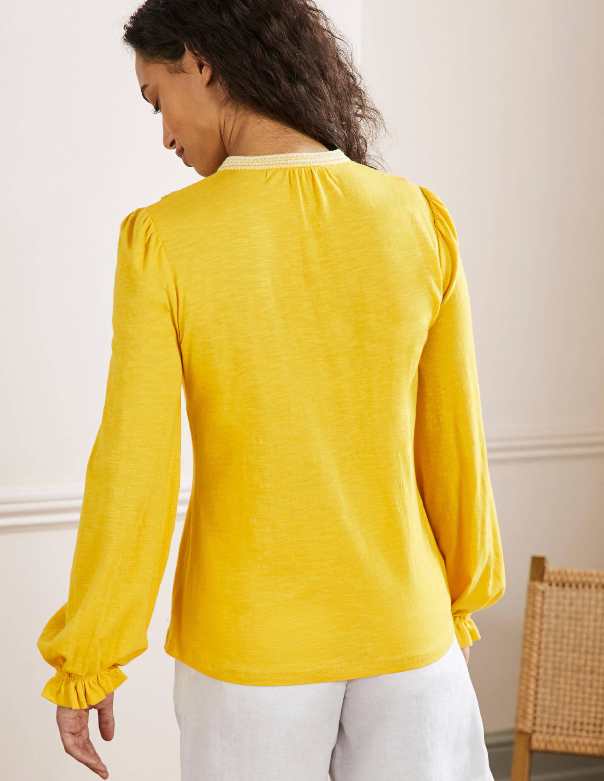 Embroidered Notch Neck Top-Lemon Fizz, Embroidered - Image 3