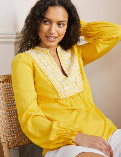 Embroidered Notch Neck Top-Lemon Fizz, Embroidered-4