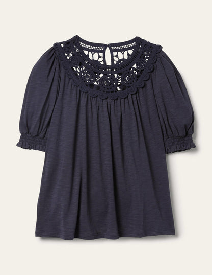 Anais Crochet Puff Sleeve Top-Navy-6