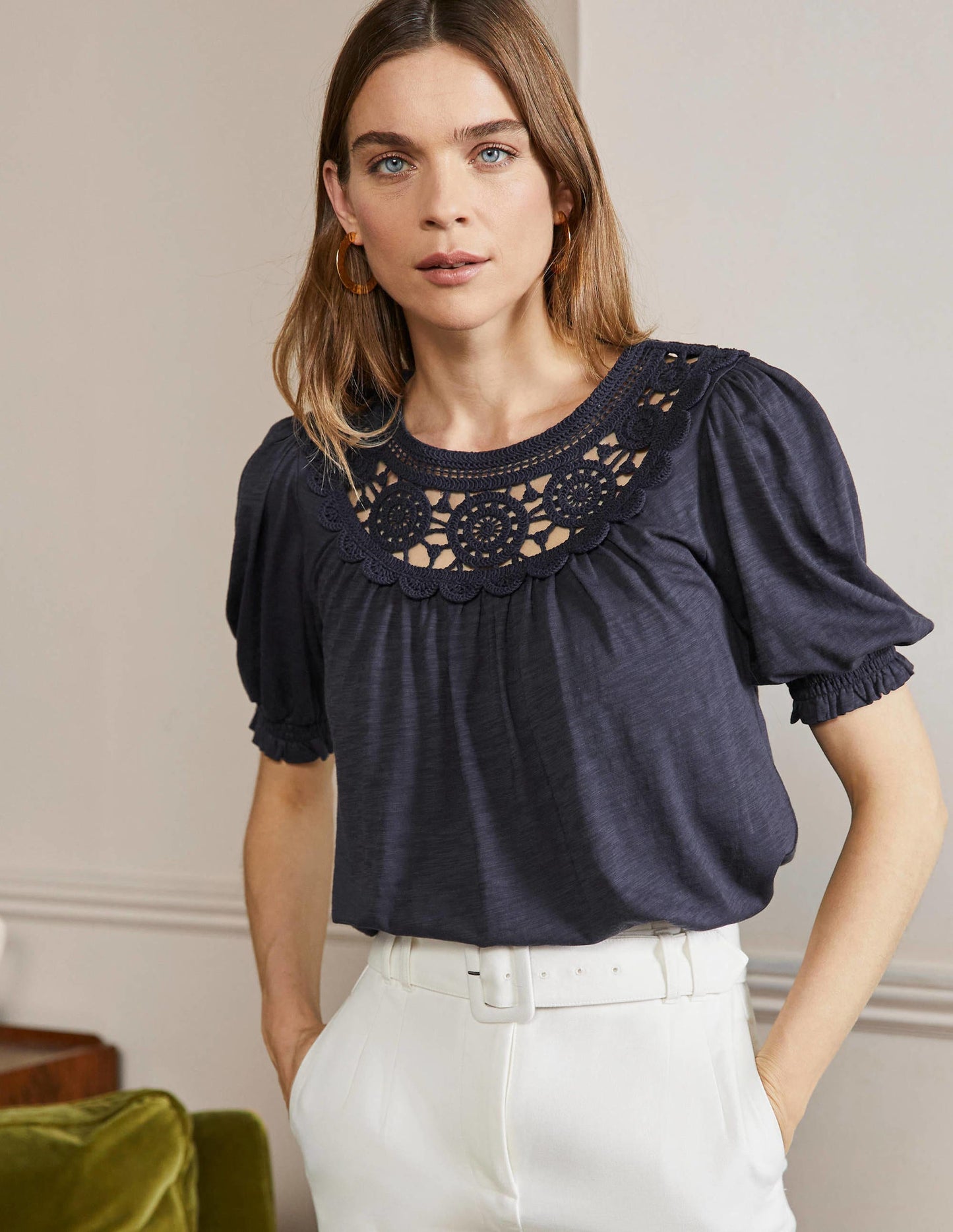 Anais Crochet Puff Sleeve Top-Navy