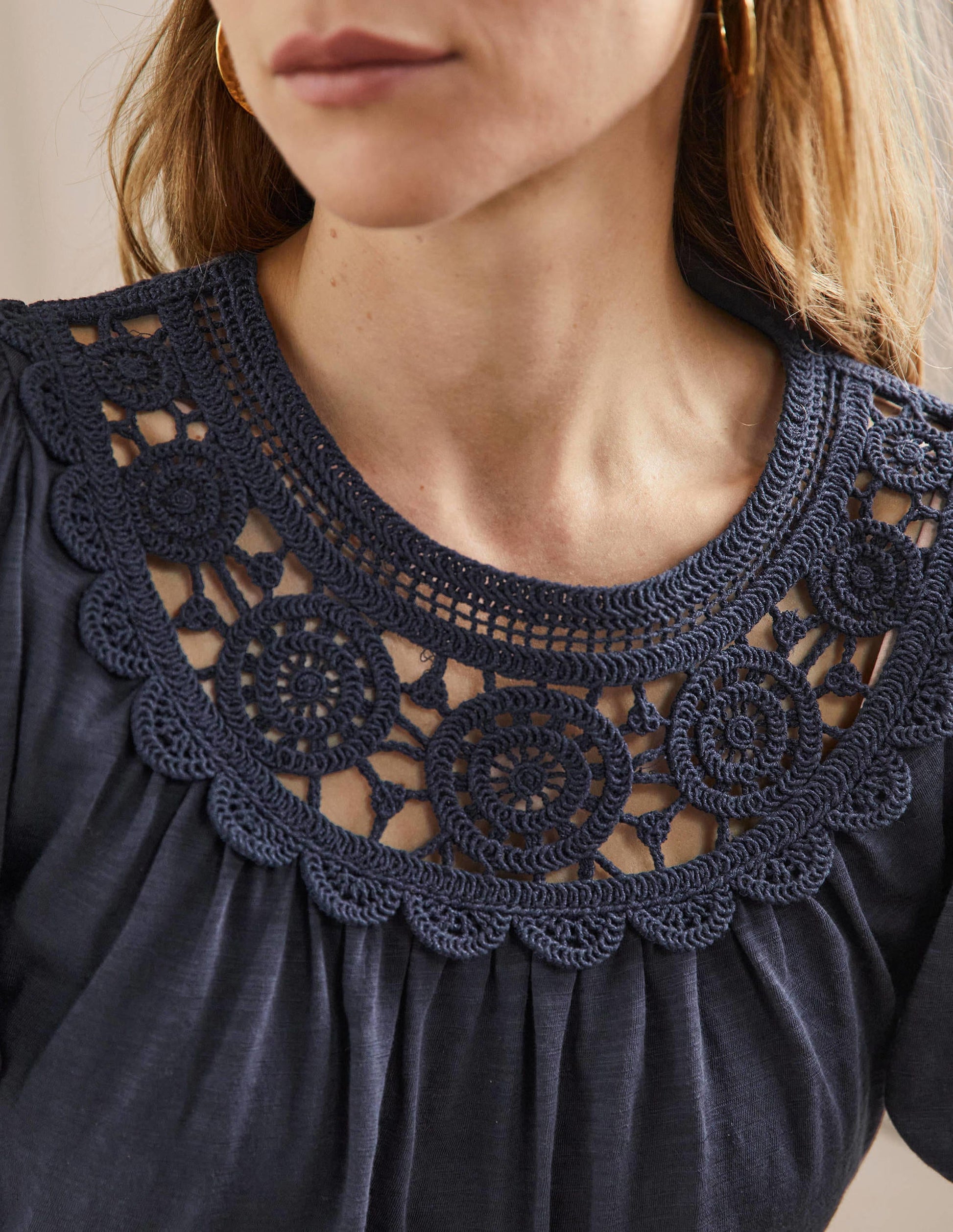 Anais Crochet Puff Sleeve Top-Navy-2