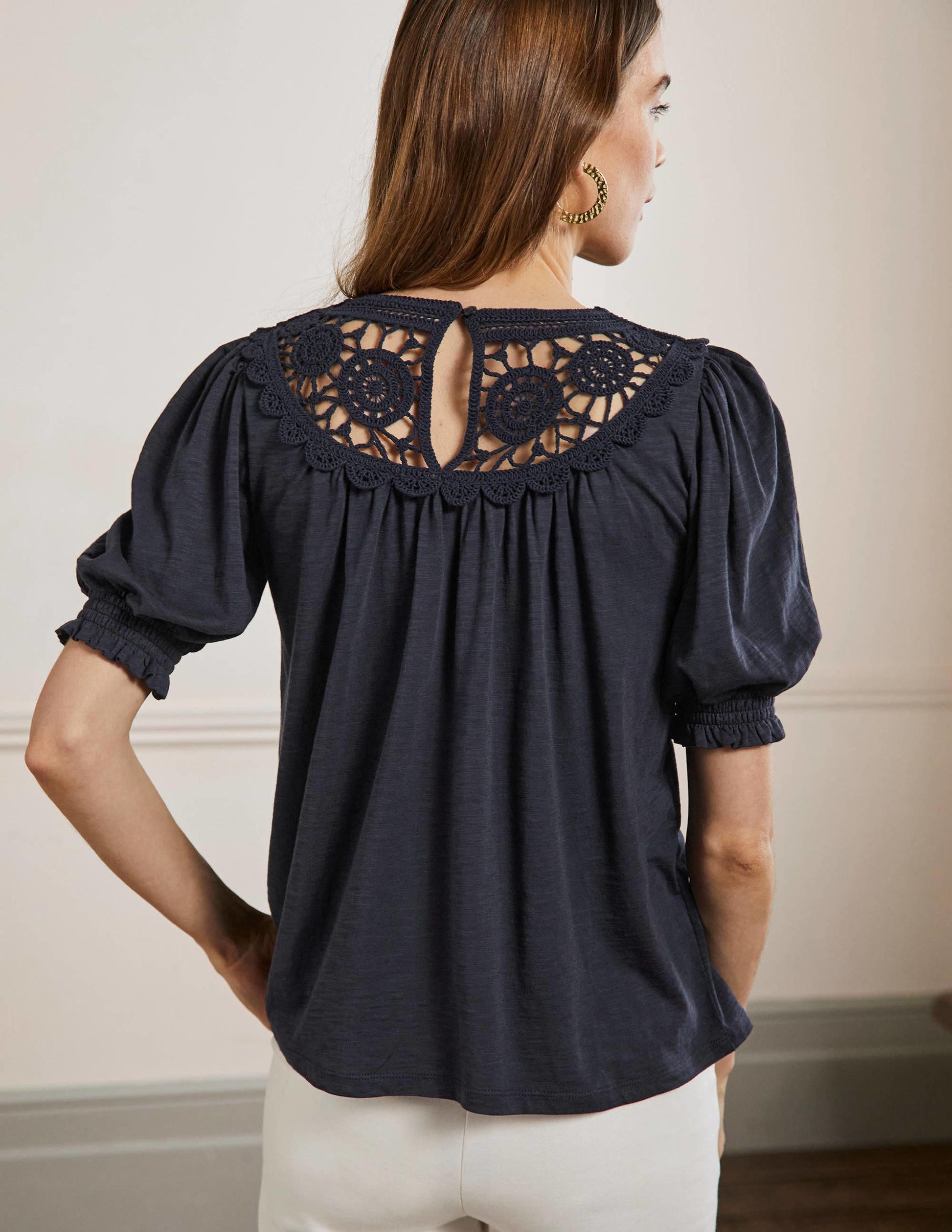 Anais Crochet Puff Sleeve Top-Navy-3