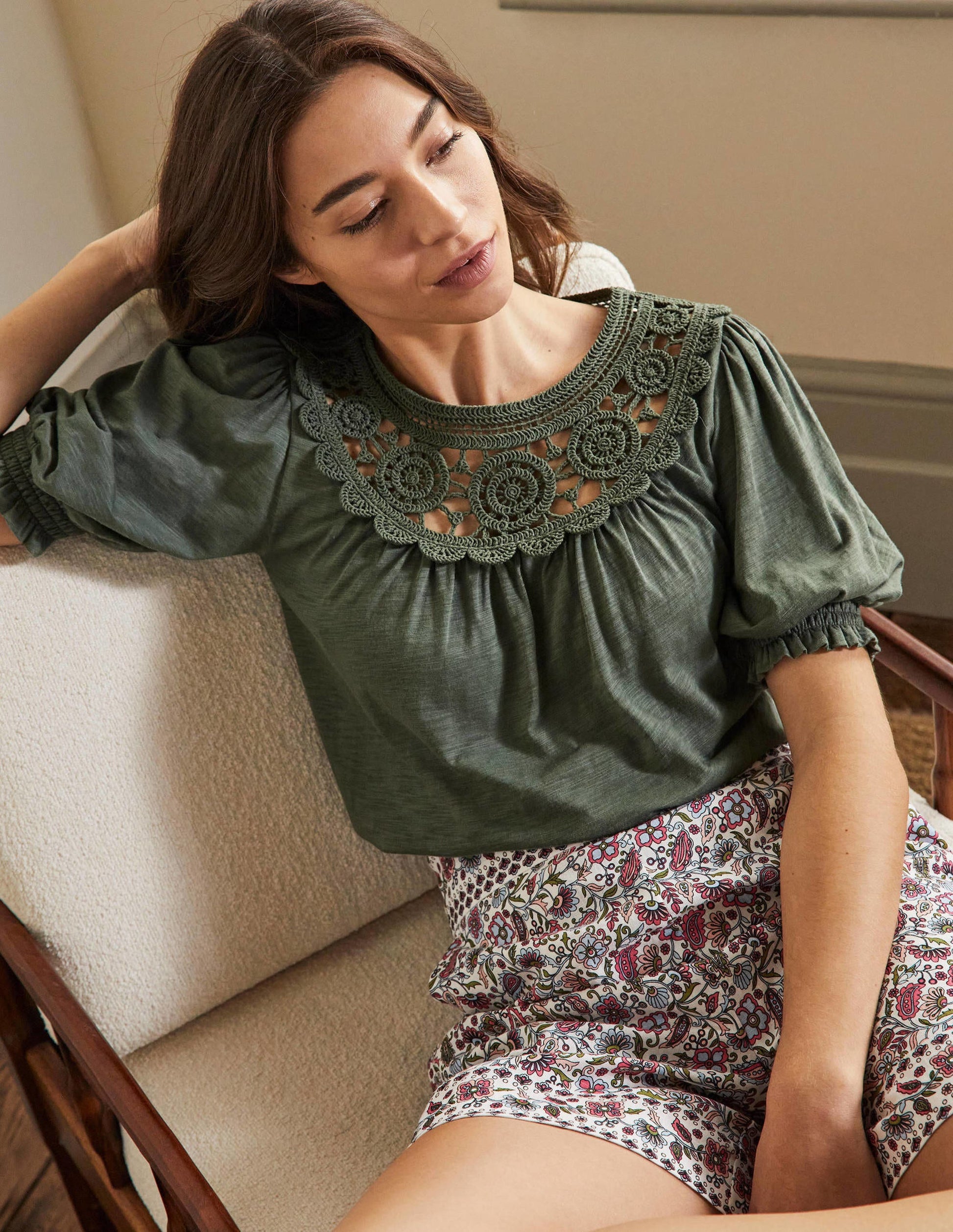 Anais Crochet Puff Sleeve Top-Alder-1