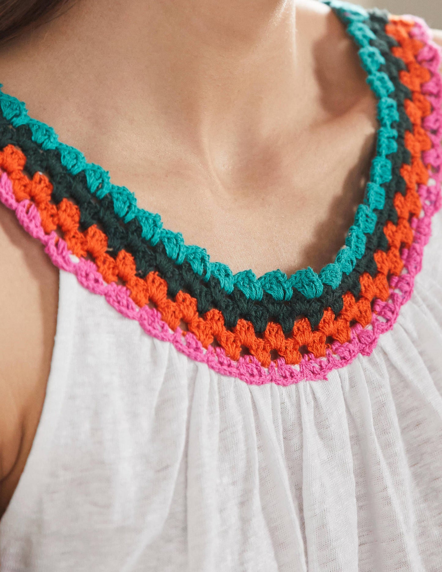 Crochet Trim Scoop Jersey Top-White