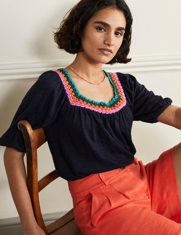 Crochet Trim Puff Sleeve Top-Navy
