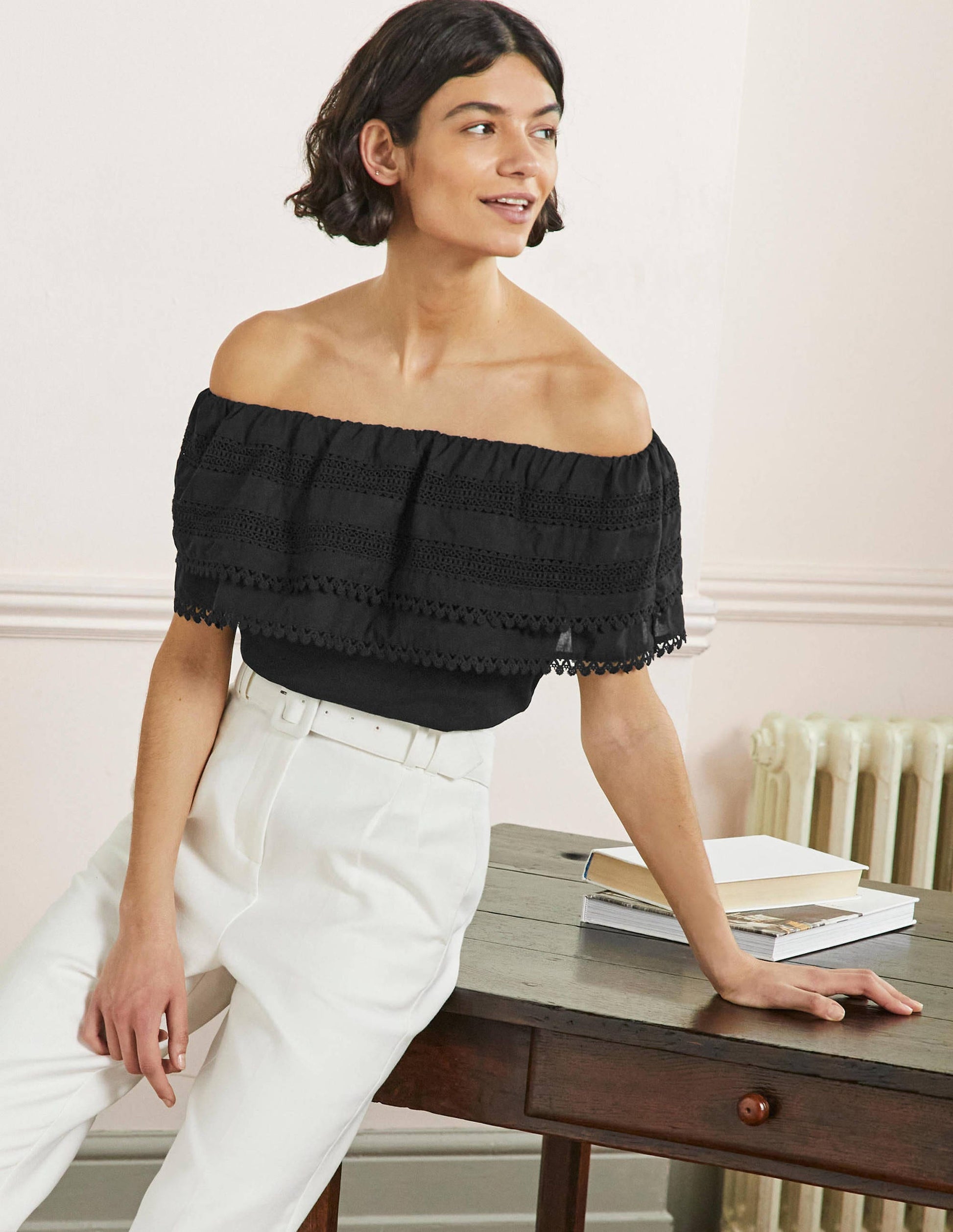 Bardot Woven Mix Detail Top-Black-4