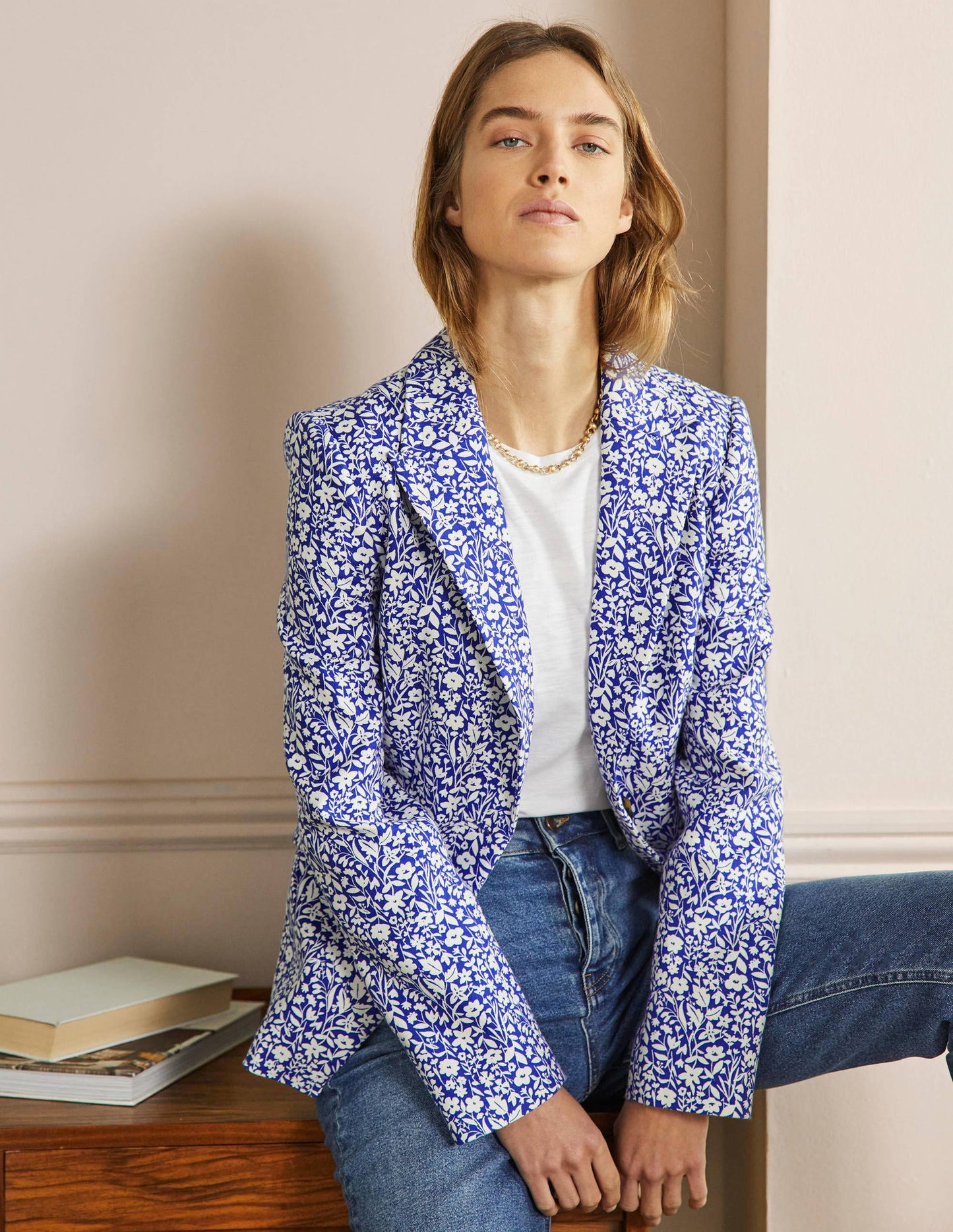 Carrie Textured Cotton Blazer-Ocean Blue/Ivory Wildflower