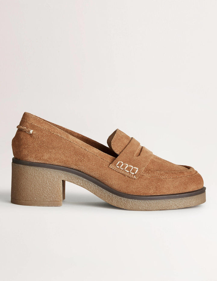 Crepe Sole Heeled Loafers-Golden Brown Suede
