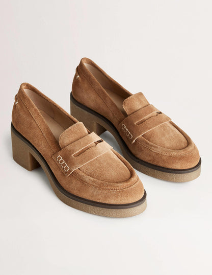 Crepe Sole Heeled Loafers-Golden Brown Suede-2