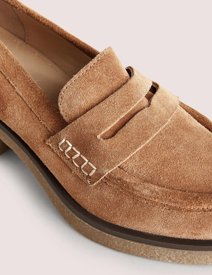 Crepe Sole Heeled Loafers-Golden Brown Suede-3