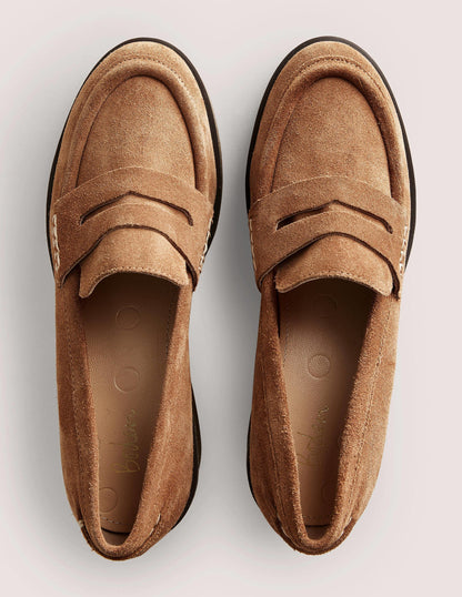 Crepe Sole Heeled Loafers-Golden Brown Suede-4