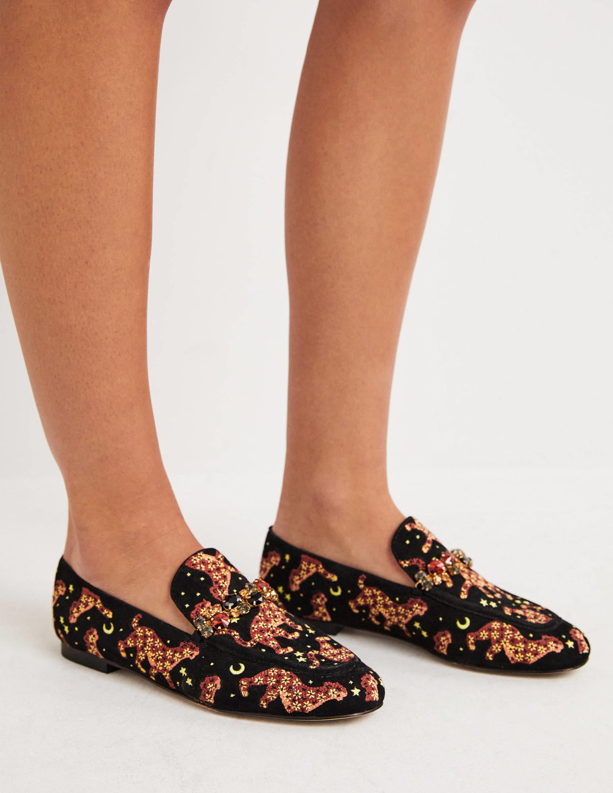 Embellished Trim Loafers-Black Embroidered Cheetah - Image 1