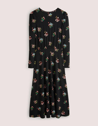 Puff Sleeve Jersey Midi Dress-Black, Delicate Sprig-5