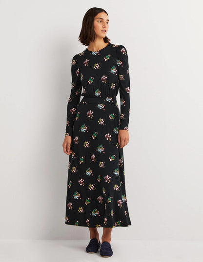 Puff Sleeve Jersey Midi Dress-Black, Delicate Sprig-1