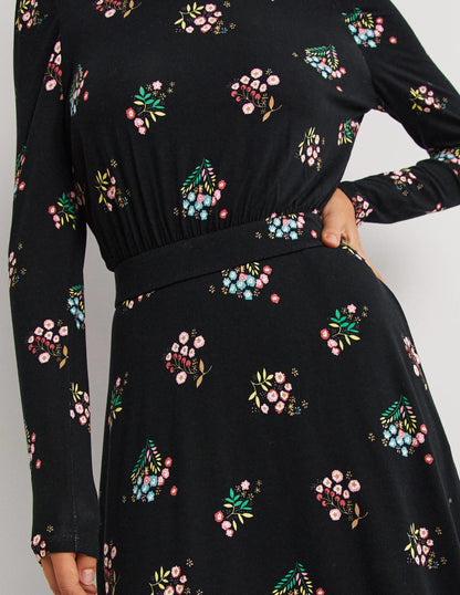 Puff Sleeve Jersey Midi Dress-Black, Delicate Sprig-2