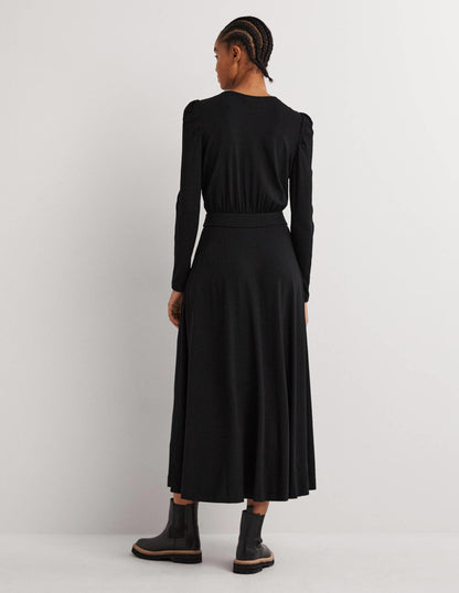 Puff Sleeve Jersey Midi Dress-Black-3