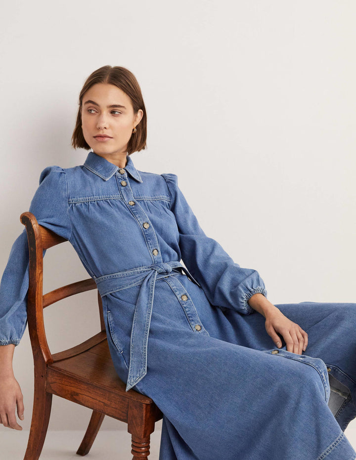 Denim Midi Shirt Dress-Light Denim