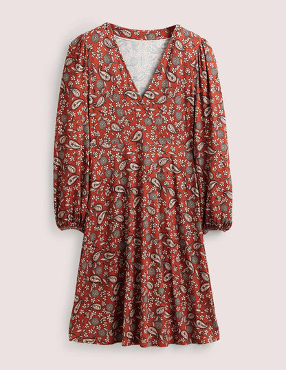 Easy Fixed Wrap Jersey Dress-Chili Oil, Flower Garden-5