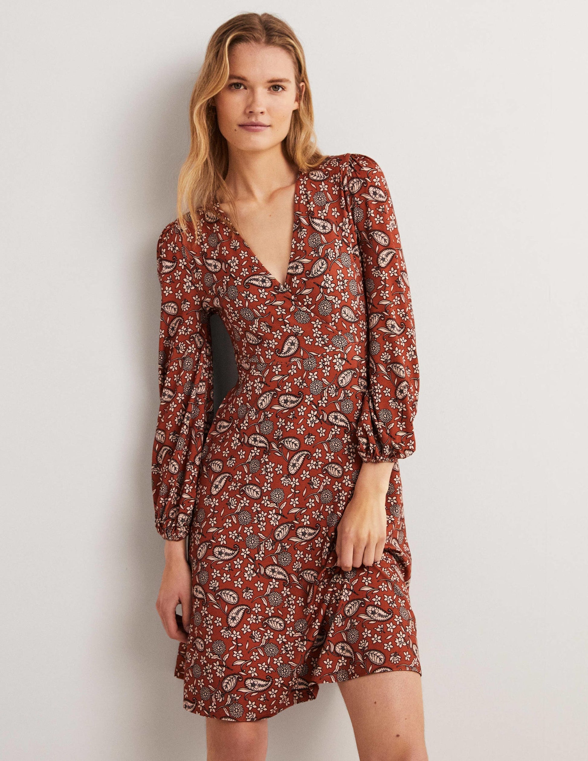 Easy Fixed Wrap Jersey Dress-Chili Oil, Flower Garden-1