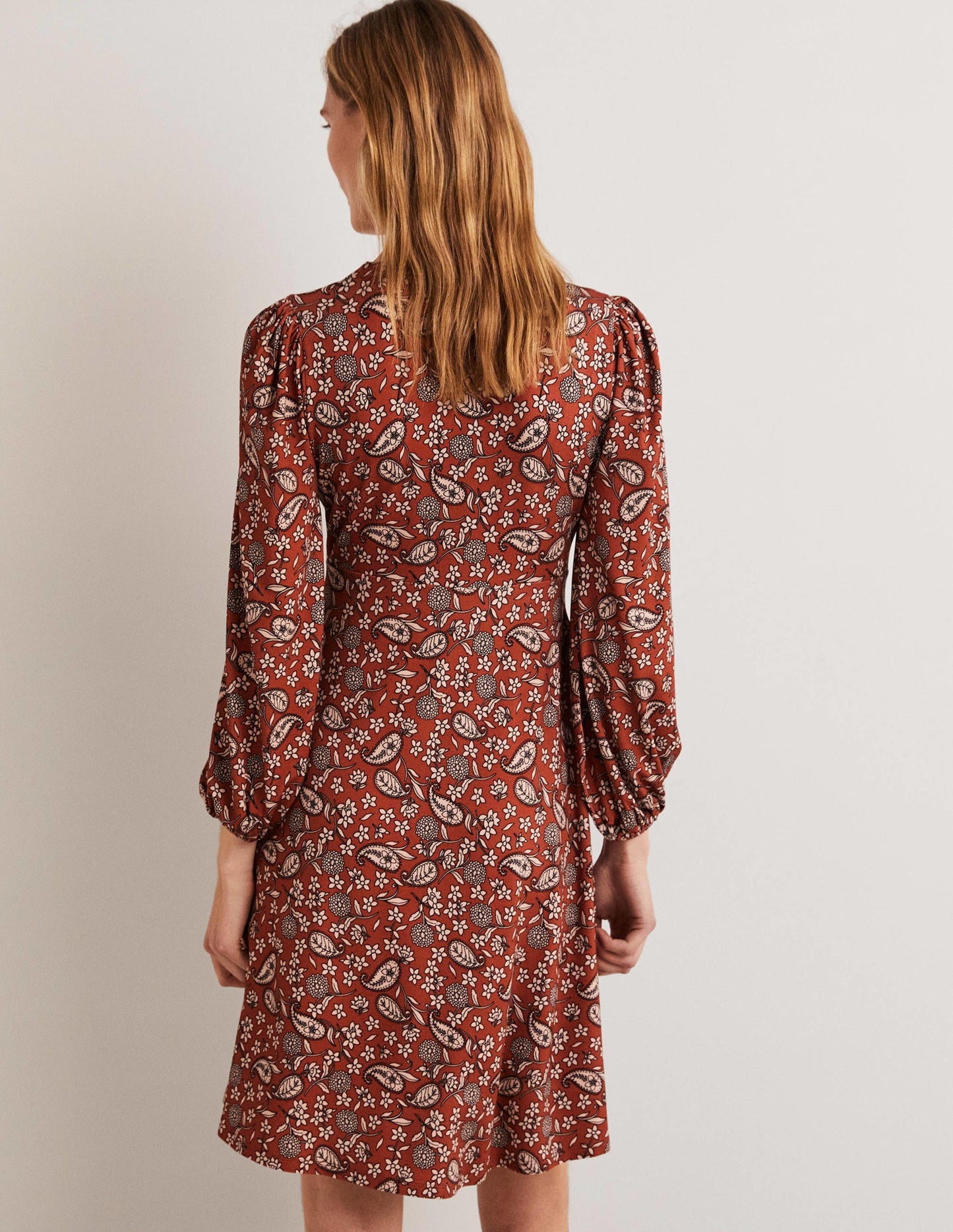 Easy Fixed Wrap Jersey Dress-Chili Oil, Flower Garden