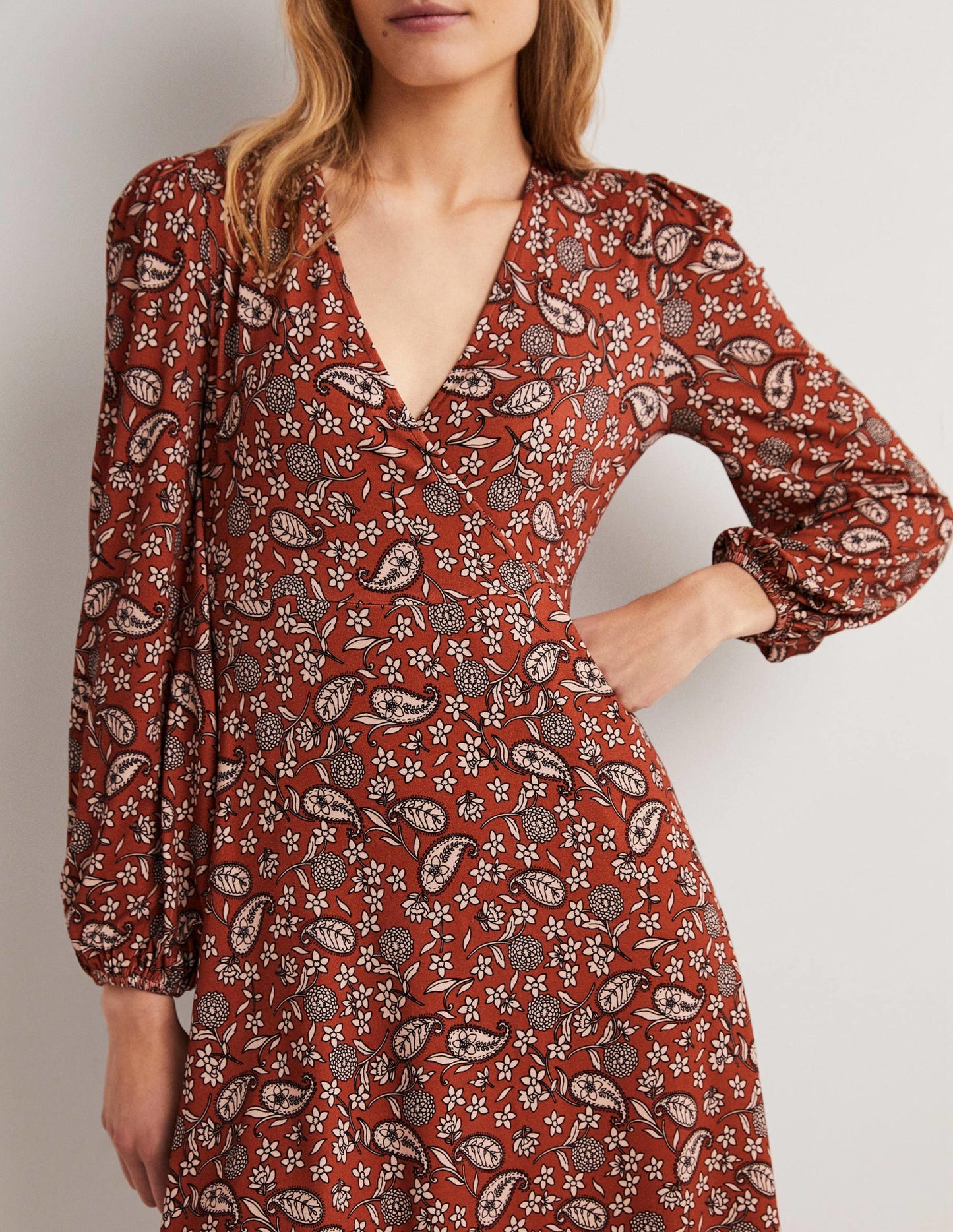 Easy Fixed Wrap Jersey Dress-Chili Oil, Flower Garden