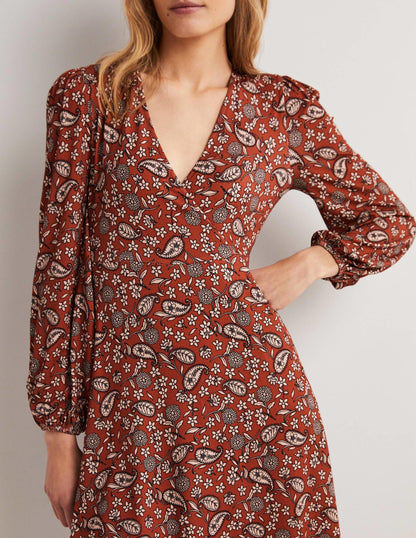 Easy Fixed Wrap Jersey Dress-Chili Oil, Flower Garden-4