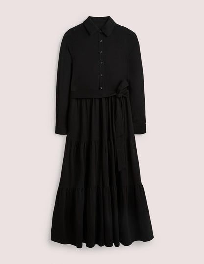 Tiered Jersey Maxi Shirt Dress-Black-5
