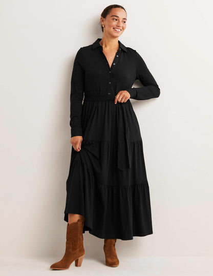 Tiered Jersey Maxi Shirt Dress-Black-1