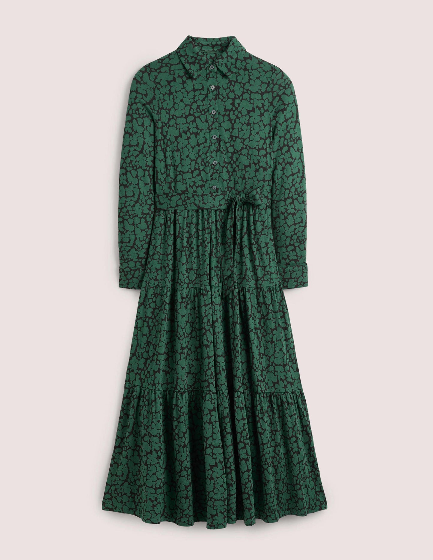 Tiered Jersey Maxi Shirt Dress-Hunter Green, Abstract Bud