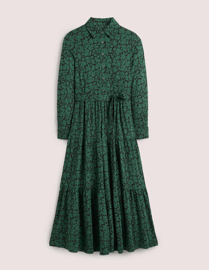 Tiered Jersey Maxi Shirt Dress-Hunter Green, Abstract Bud-5