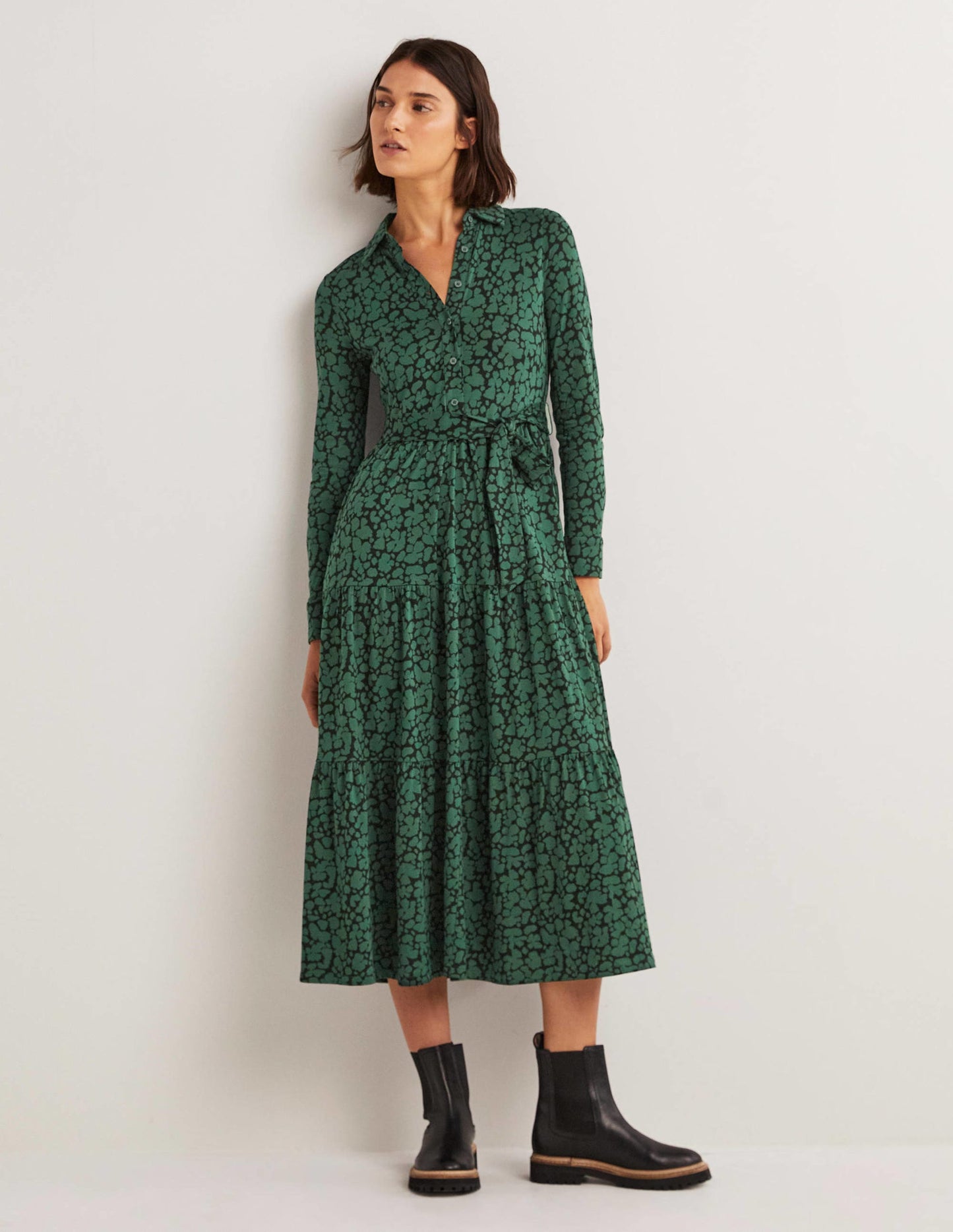 Tiered Jersey Maxi Shirt Dress-Hunter Green, Abstract Bud