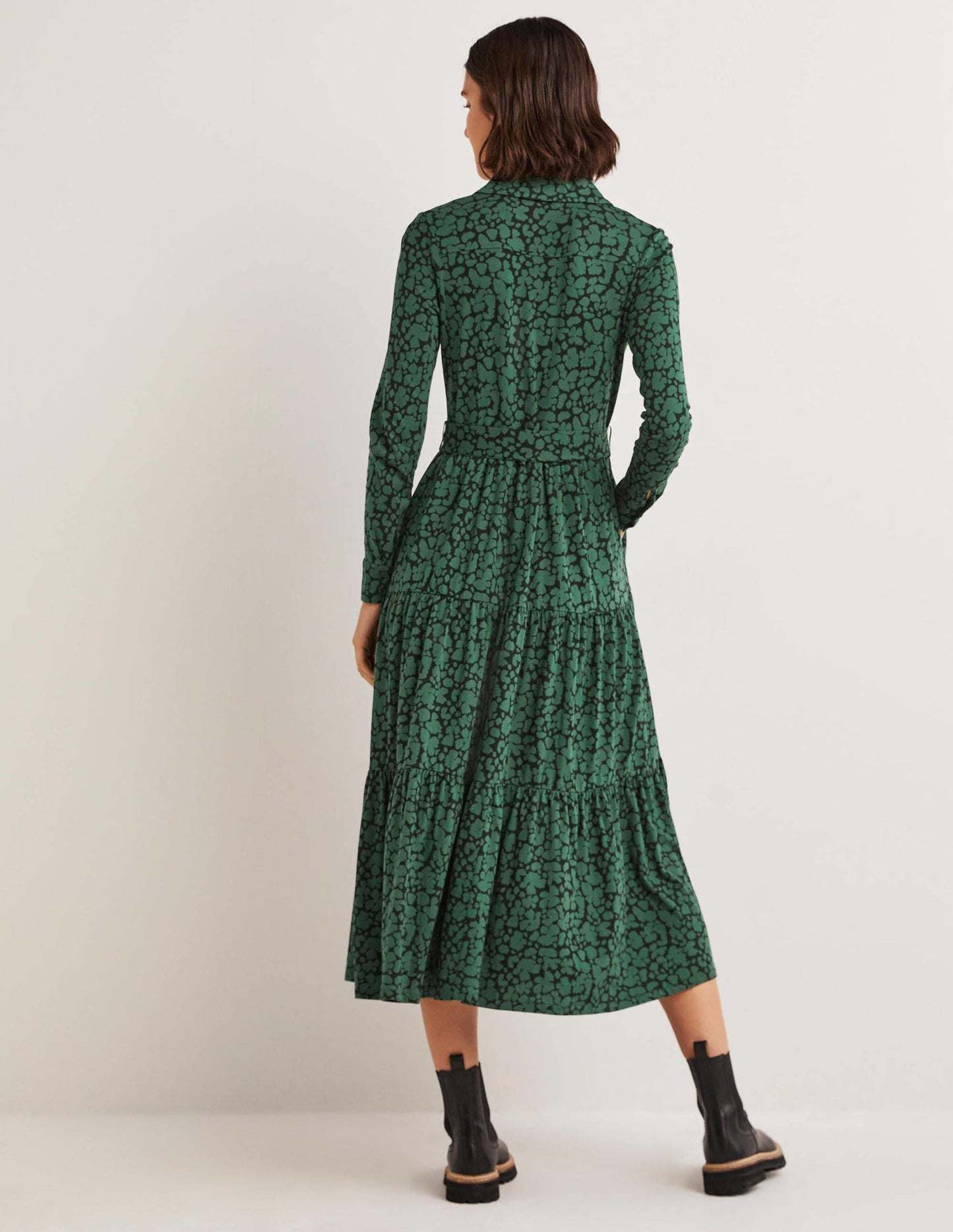 Tiered Jersey Maxi Shirt Dress-Hunter Green, Abstract Bud