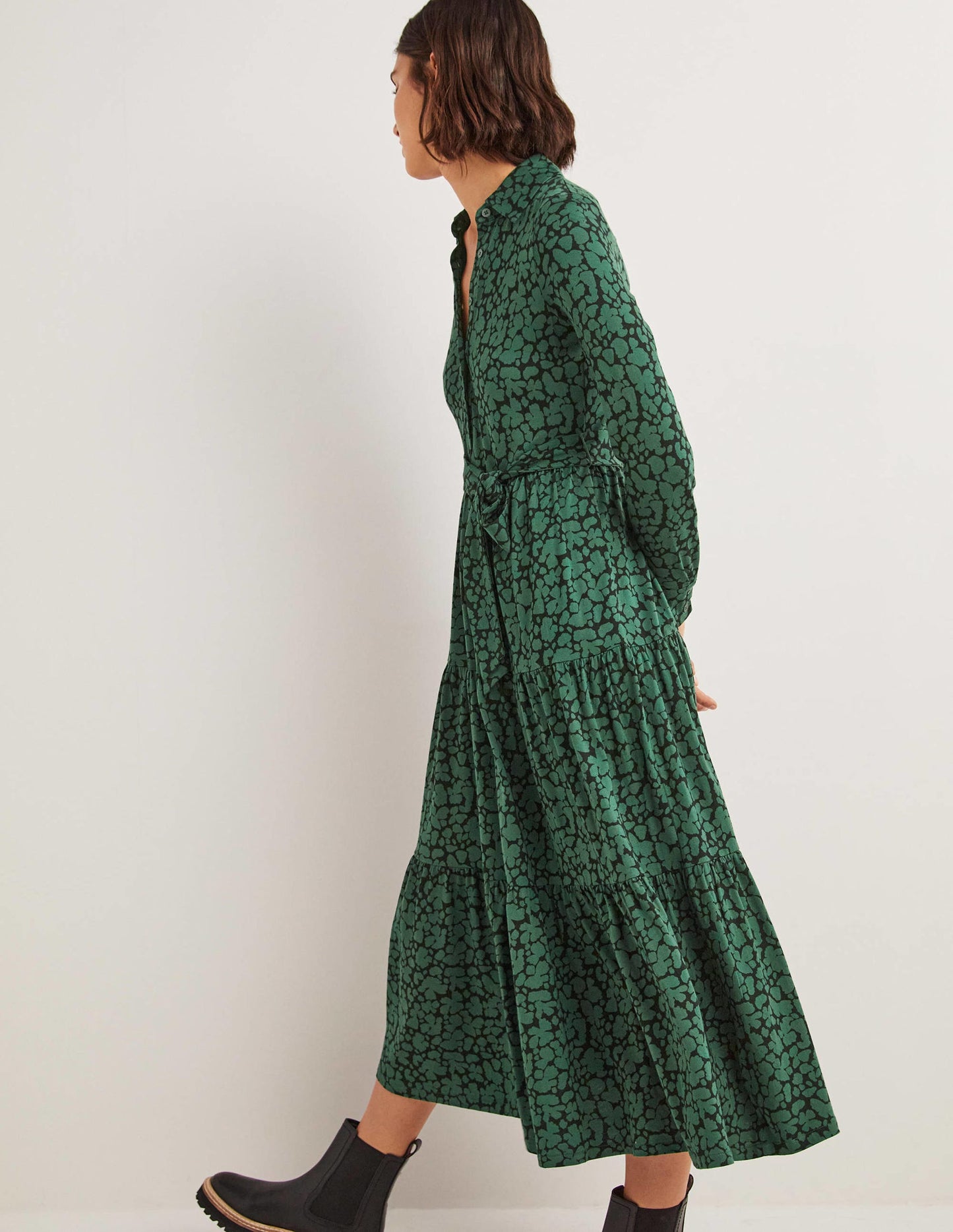 Tiered Jersey Maxi Shirt Dress-Hunter Green, Abstract Bud