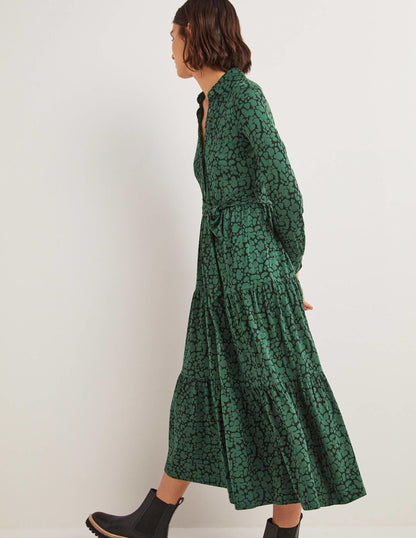 Tiered Jersey Maxi Shirt Dress-Hunter Green, Abstract Bud-4