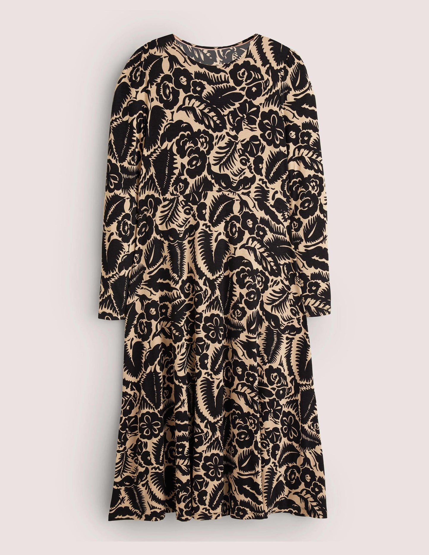 Crew Neck Jersey Midi Dress-Black, Abstract Garden