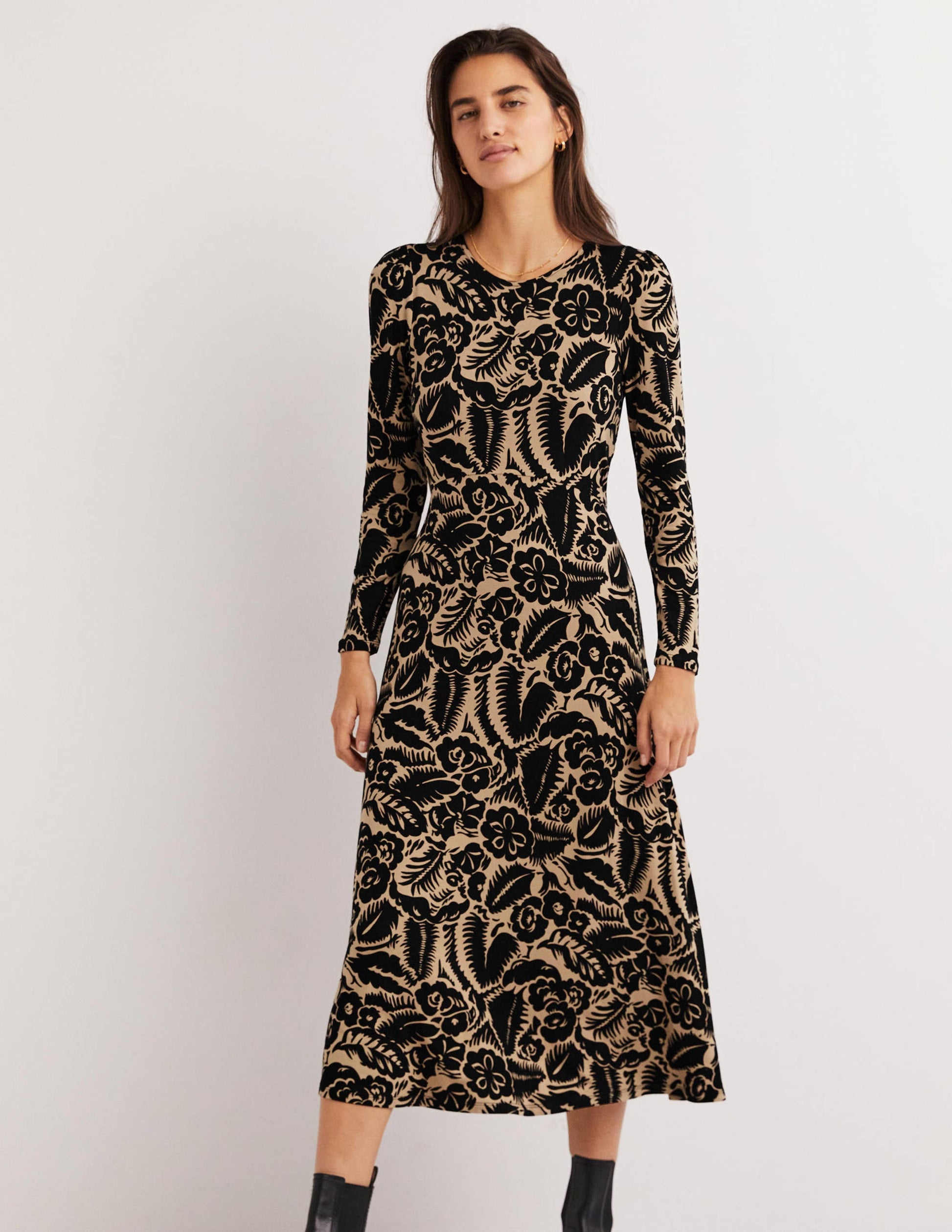 Crew Neck Jersey Midi Dress-Black, Abstract Garden-1
